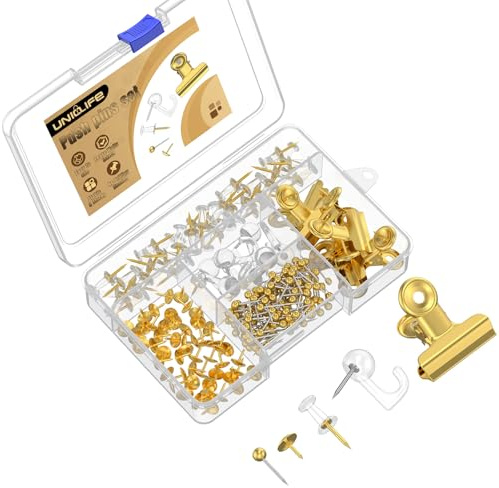 Uniclife 200 st gyllene tryckstift, gyllene tumstift för vägg, 5 stilar tryckstift för korkbräda och anslagstavla, häftstift väggkrokar set för bilder, foton, noter, konst och inredning