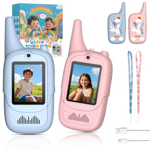 FUNYKICH Walkie Talkie de Video para Niños 3-12 Años(Paquete de 2), Walkie Talkies Recargable con 6 Efectos de Voz, Largo Alcance 350M, Regalo Ideal Cumpleaños, Hogar,Exterior,Patio,Senderismo