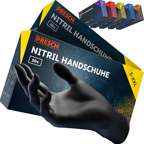 PRESCH Engångshandskar Svart 100st. (L - 9) – Nitrilhandskar med texturerade fingertoppar – Latex och puderfria – Rivtålig tack vare förstärkt rullad kant