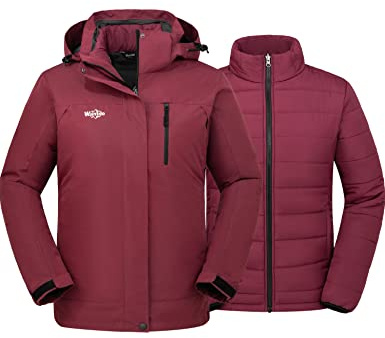 Wantdo Kvinnors skidjacka varm 3 i 1 med avtagbart foder jacka, Bordeaux, XL