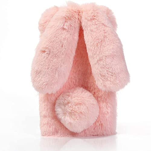 Everainy Kompatibel med Samsung Galaxy S21 FE fodral silikon lurvig plysch söta kaninöron mjuk stötfångare vacker diamant varm fluffig kanin roligt skydd stötsäkert gummi skyddande (rosa)