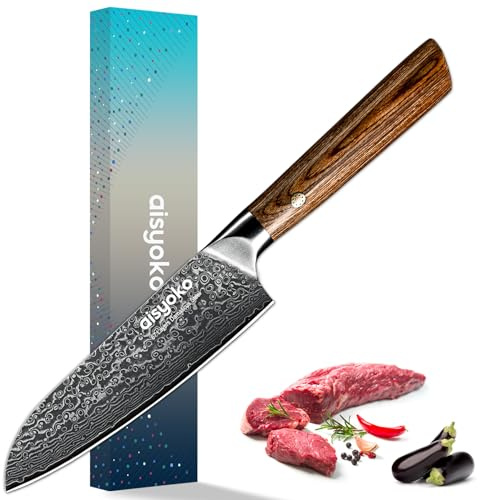 aisyoko Santoku Knife 5 inches-Japan VG-10 Super Steel 67 Layer Damascus Steel-Sharp Kitchen Knife-Luxury Gift Box with Colored Wooden Handle-With Scabbard