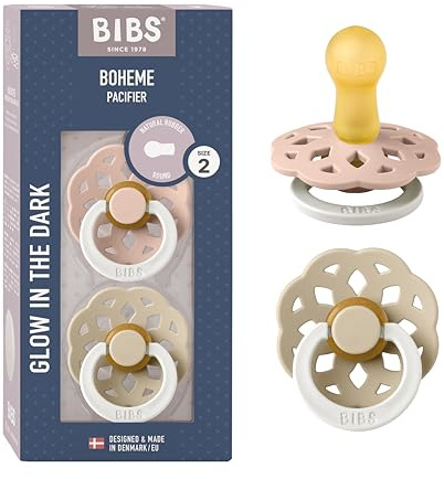 BIBS Boheme Glow in The Dark Soother 2-Pack. BPA Free. Round Nipple Latex, Size 2 (6-18 Months), Blush Glow/Vanilla Glow