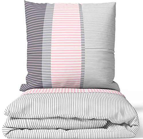 Leonado Vicenti 4tlg. Bettwäsche 135x200 cm Rosa Weiß Anthrazit Decke Kissen 80x80 Bezug Gesreift Set mit Reißverschluss