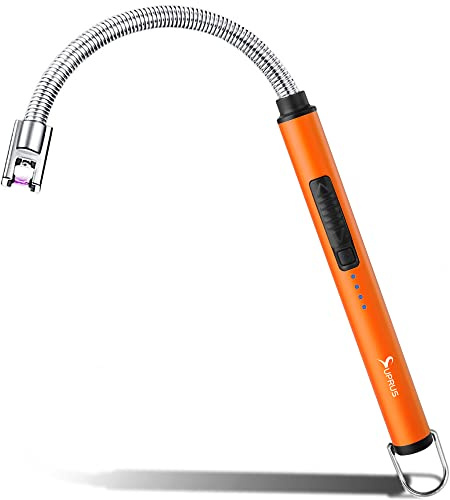 SUPRUS Accendino elettrico ad arco, triplo accendino di sicurezza, alloggiamento in acciaio inox e gancio di sospensione con collo flessibile a 360° (arancione)