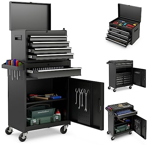 COSTWAY Servante d'Atelier à 4 Tiroirs avec Coffre Outils Amovible (Noir) | Caisse à Outils Roulante avec Armoire de Rangement, Étagère Réglable et Doublure Antidérapante pour Garage Atelier
