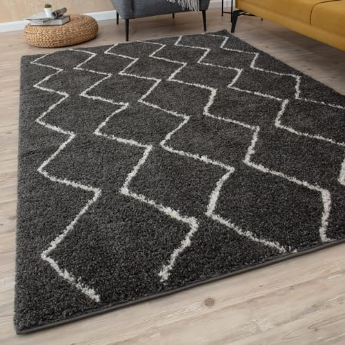 THE RUGS Modern Moroccan Design Living Room and Bedroom Rugs, Non-Shedding & Easy Care (Boho Dark Grey/Ivory, 140x200 cm)