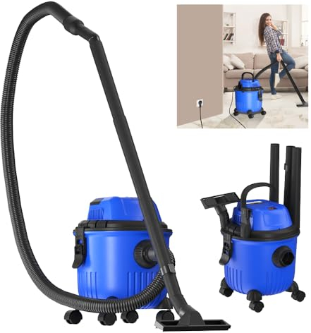 Aspirador en seco y húmedo de 800 W, limpiador de alfombras en seco y húmedo, volumen del depósito 15 L, función de soplado, 4 ruedas, incluye manguera de aspiración, extensión, boquilla corta 2 en 1,