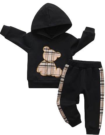 Zoputey Toddler Baby Boy Girl Clothes Bear Pattern Long Sleeve Hoodie Top + Pants Outfits Sets, Black, 18-24 Months