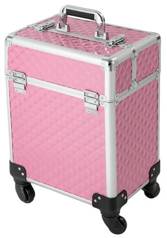 Maletín de maquillaje con ruedas, carrito de cosméticos, maletín de maquillaje con espejo, con 4 ruedas de 360°, 34 x 24 x 41 cm, estuche de maquillaje profesional, vintage, organizador de cosméticos