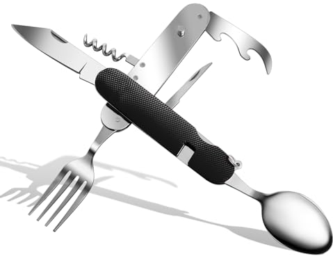 ZIMAIC 6 in 1 Edelstahl Klapp besteck Camping besteck Set Outdoor Reise Besteck Kit Abnehmbare Geschirr Bewerben auf Wandern Reise Picknick Campen Festival (Schwarz)