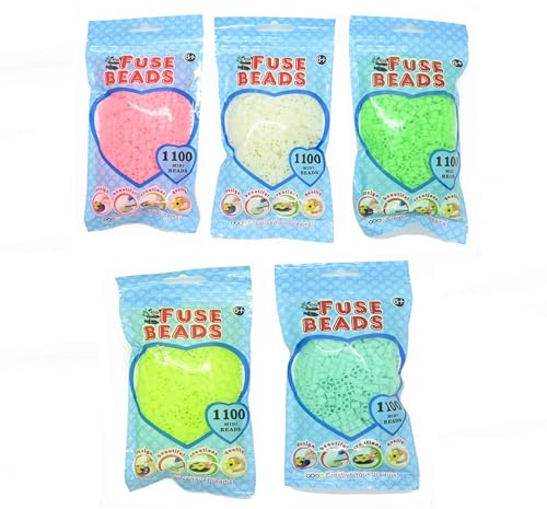 Happy Price Toys Midi strykpärlor 5 påsar 5 mm ljusa färger (Glow in the Dark) per påse 1100 stycken (kompatibel med alla Midi-stiftplattor)