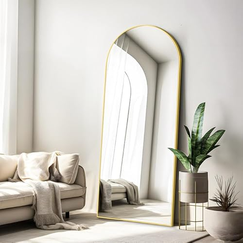COFENY Specchio da Terra ad Arco, Specchio da Parete Grande con Cornice in Alluminio 165 x 60 cm, Specchio da Terra da Appoggiare o Appendere per Soggiorno, Camera da letto, Soggiorno, Ingresso, Oro