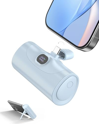 Mini Universal Bateria Externa Carga Rapida Power Bank, 5000mAh Cargador Portatil Movil con Soporte Integrado, Powerbank Conector USB-C Plegable Compatible Samsung iPhone 15/16 Android, Azul Cielo