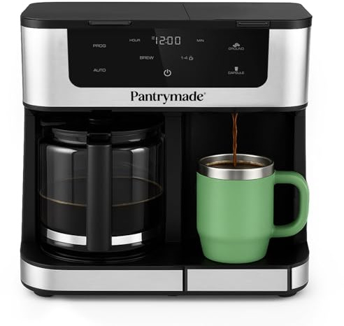 Pantrymade Dual Brew Coffee Maker | 12 Cup Glass Carafe & Single Serve K-Cup Combo | Programmable Touchscreen Coffee Machine for Ground Coffee or Pods | Auto Shut-Off, Black