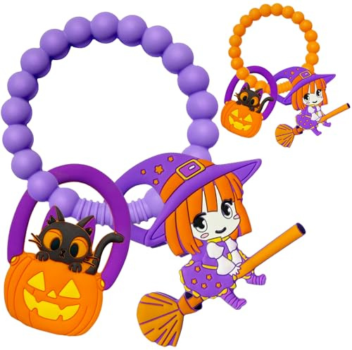 BIGSPINACH Halloween Teething Ring, Silicone Baby Teether with Witch and Cat Design, BPA-Free Infant Teething Toy, Easy to Hold,Safe for Babies and Toddlers (Colorful, Skull & Witch Hat) 2PC