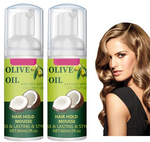 Olive Oil Hair Styling Mousse 2PCS Coconut Infused Wrap/Set Foam for Curl Definition,Long-Lasting Hold, Natural Moisture & Frizz Control,Travel Size Hair Mousse