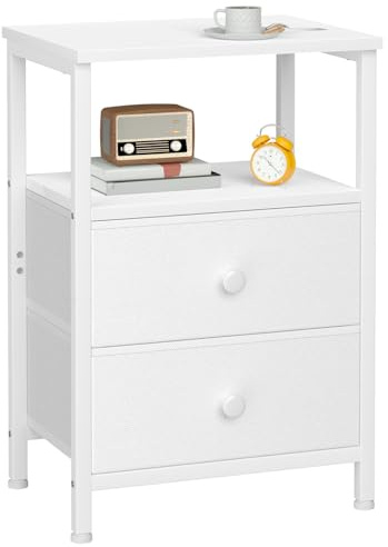 LOAKEKEL Bedside Table, Small Side Table with 2 Fabric Drawers, Bedside Cabinet with Open Storage Shelf, Nightstand, End Table for Living Room, Bedroom, White UHETS002WT-1
