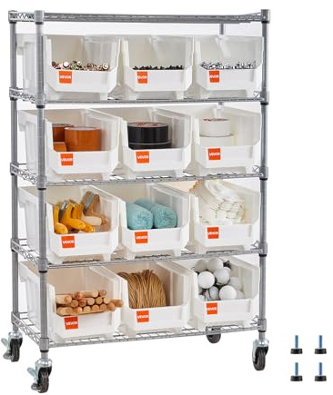 VEVOR Scaffale per Carichi Pesanti Portaoggetti con Ruote a 5 Ripiani, 12 Contenitori Portaoggetti, Sistema di Scaffalature in Filo d'Acciaio, per Garage, Magazzino, Ufficio, Ristorante, Aula, Cucina