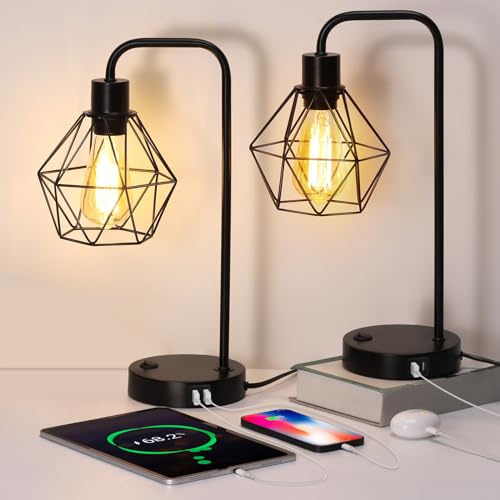 Juego de 2 lámparas de mesa industriales con 2 puertos USB y enchufe, lámparas de lectura para mesita de noche, lámpara de escritorio Edison, para dormitorio, salón, color negro
