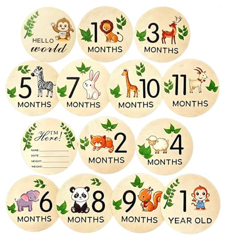7 Tarjetas de Hitos para Beb%) de Madera, Discos de Madera de 10 cm Doble Cara para Meses del Beb%), Cartel Hello World y Dise%!o de Animales, Regalo para Reci%) n Nacidos y Padres