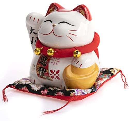 lachineuse - Statuette Chat Japonais - Tirelire Maneki Neko - Chat Porte Bonheur - Spécial Fortune - Motifs Japonais - en Porcelaine - 12x13x11 cm - Coloris Blanc - Idée Cadeau Japon Asie
