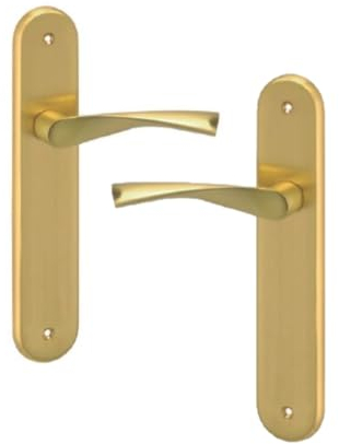 Juego de MANIVELAS puerta con placa larga modelo MAR - acabado latón mate – material aluminio - medida de la placa 238 mm de alto x 44 mm de ancho y manilla de 120 mm de longitud