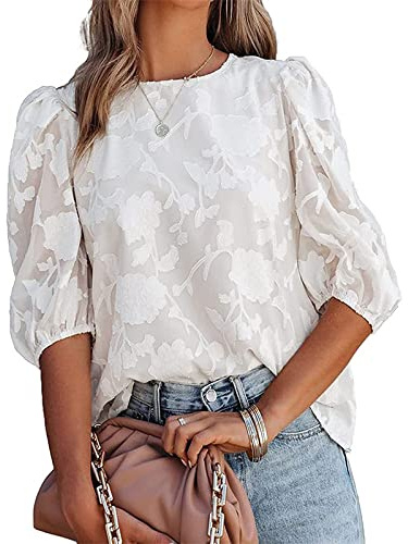 LCDIUDIU Blusa Donna Elegante,Camicette da Donna 3 4 Manica Girocollo Bianco Fiore di Peonia Chiffon Maniche A Sbuffo Estate Manica Corta Top Tunica Sexy Camicie Larghe alla Moda Casual,S