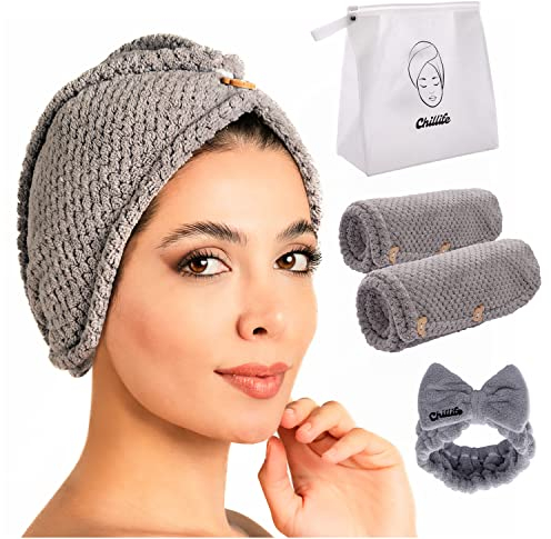 Chillife Premium Haarturban Set I Kopfhandtuch mit Knopf I Mikrofaser Handtuch Set bestehend aus 2 Microfaser Handtuch und 1 Haarband I Handtuch schnelltrocknend I Turban I verstellbare Größe (Grau)