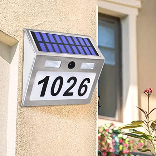 Beleuchtete LED Solar Hausnummer, LED Solarleuchte mit Bewegungsmelder, LED Solar Hausnummer mit Dämmerungsschalter, Solar LED Hausnummernleuchte aus Edelstahl, IP44 Wasserdicht Solarhausnummer Schild