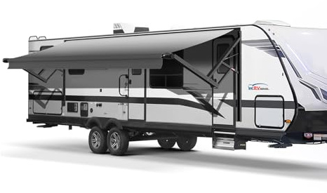 RVeaves Black Electric Power RV Awning Frame and Fabric Assemblies Full Set for RV,5th Wheel,Travel Trailers,Toy Haulers,and Motorhome RV Trailer Awning for Home or Camper (15Feet, Grey Fade)
