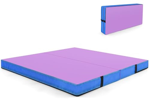 Goplus Folding Gymnastic Mat, 4’ x 4’ x 4’’ Thicked Bi-Fold Fitness Mat with Carrying Handles & PU Leather Cover, Home Gym Exercise Mat for Yoga, Stretching, Pilates, Aerobics Workouts (Purple&Yellow)