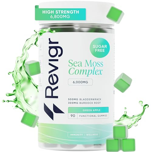 Revigr, Max 6000mg, 90 Sea Moss Gummies, Added 500mg Bladderwrack & 300mg Burdock Root, Immune & Gut Support, Vegan & Sugar-Free, Green Apple Flavour (1 Month Supply)