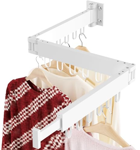 JAUREE Clothes Drying Rack Wall Mounted, Space-Saving Drying Rack Clothing, Collapsible Foldable Retractable Laundry Rack with 18 Hooks, Indoor/Outdoor, White