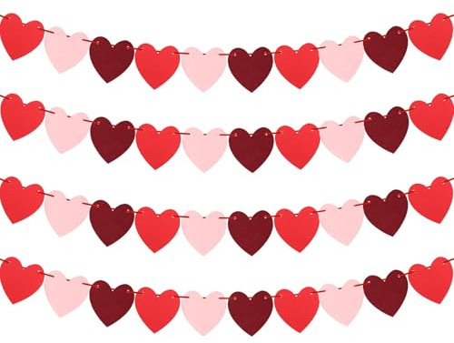 Fogcosy Valentine's Day Decorative Heart Garland - Red, Pink Felt Hearts, 112 inches, Perfect for Valentine's Day, Wedding, Birthday Parties