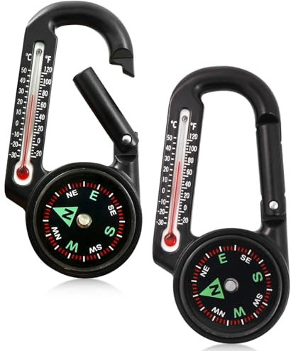 2 Stück Kompass Mit Karabinerhaken, Kompass mit Thermometer Kompass Anhänger Kompass mit Schlüsselanhänger und Karabiner Kompass Outdoor Multifunktionaler Tragbarer für Outdoor Camping Wandern