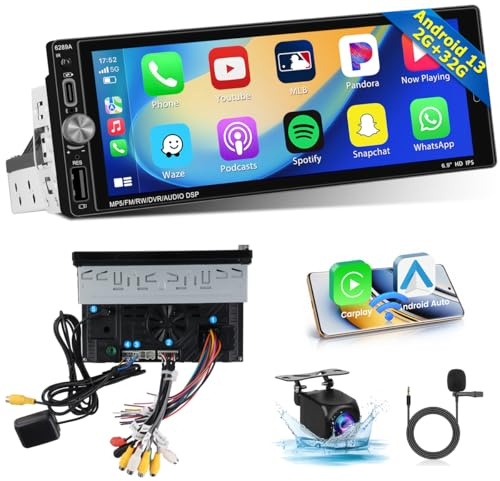 Fuluku 1 Din Android bilradio med trådlös Carplay Android Auto, 6,9 tum pekskärmsradio med Bluetooth/WiFi/FM/RDS/EQ/spegellänk/GPS/backup-kamera/MIC/USB
