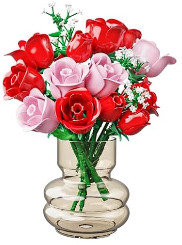 HOGOKIDS Ensemble de construction de bouquet de fleurs avec lumières – 16 blocs de construction botaniques – Roses rouges artificielles pour décoration d'intérieur, cadeaux de Noël, d'anniversaire