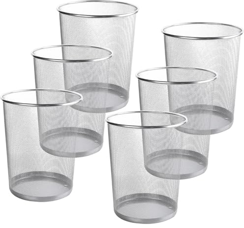 WYIPOLZI 6 Pack Metal Mesh Waste Paper Bin 12L Lightweight Mesh Wastebasket Waste Bin Black Metal Rubbish Bins for Bedroom, Office, Bathroom, Kitchen (Silver Round)