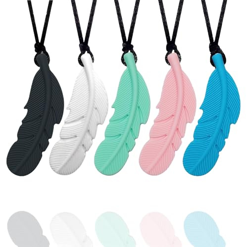 FITULABO Collane sensoriali da masticare, confezione da 5 pezzi, in silicone, per alleviare l'ansia, giocattoli masticabili per bambini autistici, motori orali, autismo, ADHD SPD (a forma di piuma)