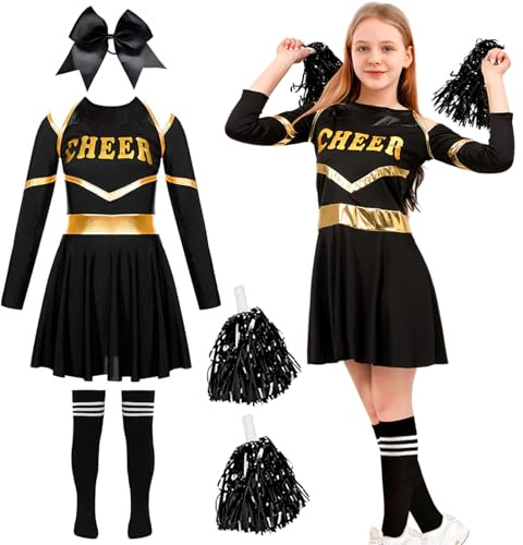 DUOLAM Deguisement Pompom Girl Enfant: Costume de Cheerleader Noir pour Filles avec Pompoms Couvre-chefs et Chaussettes Cosplay Costume Carnaval Mascarade (120)