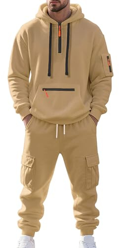 amropi Tuta da Ginnastica con Cappuccio da Uomo Felpa con Cerniera 1/4 e Pantaloni Cargo Sportivo da Jogging Set Cammelloe, M