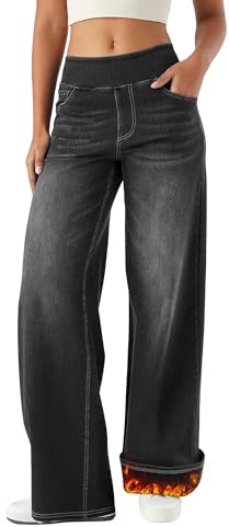 LaiEr Jeans à Jambes Larges pour Femmes avec Doublure Polaire, Taille Haute,Thermiques,épais - Pantalons en Jean à élasticité élevée pour Sports et Yoga,avec Poches,Chauds pour l'hiver(Gris Foncé,M)