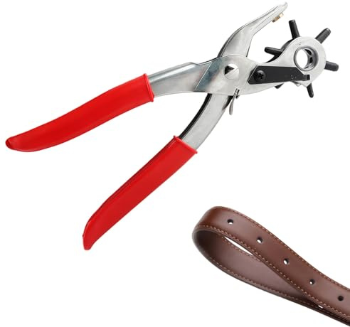 Lochzange für Leder und Gürtel – 6 Lochgrößen, Ergonomischer Roter Griff, Präzisionsstanzer für Gürtellöcher, Uhrenarmbänder, Kunststoff, Karten Stoffe – Robuster, Rutschfester Lochstanzer