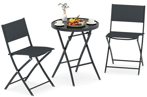 COSTWAY Bistroset, Bistrotisch mit 2 Stühlen, klappbares Balkonset, 3-teiliges Gartenmöbel-Set, Outdoor Sitzgruppe, Balkonmöbel Kleiner Balkon