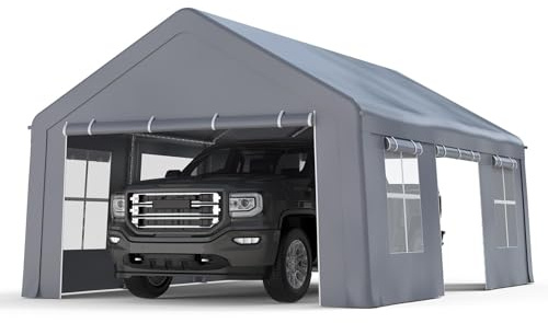 13x20FT Heavy Duty Portable Garage, Waterproof Carport with 5 Roll-Up Ventilated Windows & Removable Sidewalls, Garage Tent Shelter with 220G PE Tarp Cover for Temporary Paint Booth, Boats&Pickups