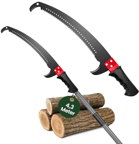 Verlängerbare Stangensäge, 4,3m/3m Baumsäge mit Edelstahlsägeblatt, 2-in-1 Handsäge & Hochästsäge, Leichtes Kunststoffstiel Gartengerät für Eiche, Palme, Tanne, Garten & Forstwirtschaft (4.3m)