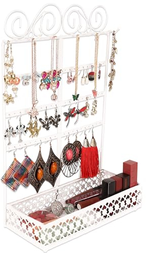BELLE VOUS Schmuck Ständer Weiß Metall Schmuck Aufbewahrungssystem mit Fachboden 5 Reihen, 80 Löcher & 10 Haken - Wand&Tisch Halter für Ohrringe, Ketten Aufbewahrung, Armbänder, Ringe&Kosmetik