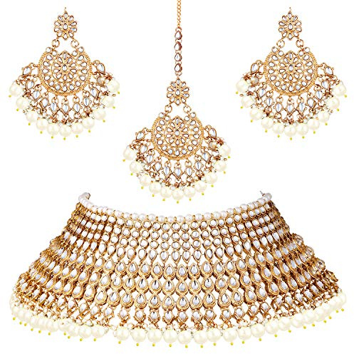 Aheli Wedding Designer Faux Kundan Indian Bridal Necklace with Maang Tikka Ethnic Traditional Bharatanatyam jewellery set Gift for Women (White)