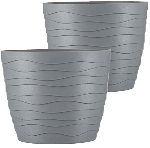 Tymar Blumentopf, 2er-Pack, runde Form, Pflanzgefäß, Pflanzkübel für Innen, Pflanztopf aus Kunststoff, Leichter, Doppelpack,mit 3D-Wellendesign (11 cm, Grau)